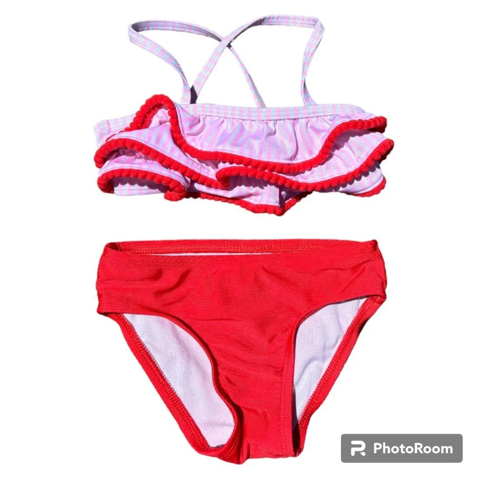 Cat & Jack Toddler‎ Girl's Striped Red Pink and White Ruffle Bikini 3T